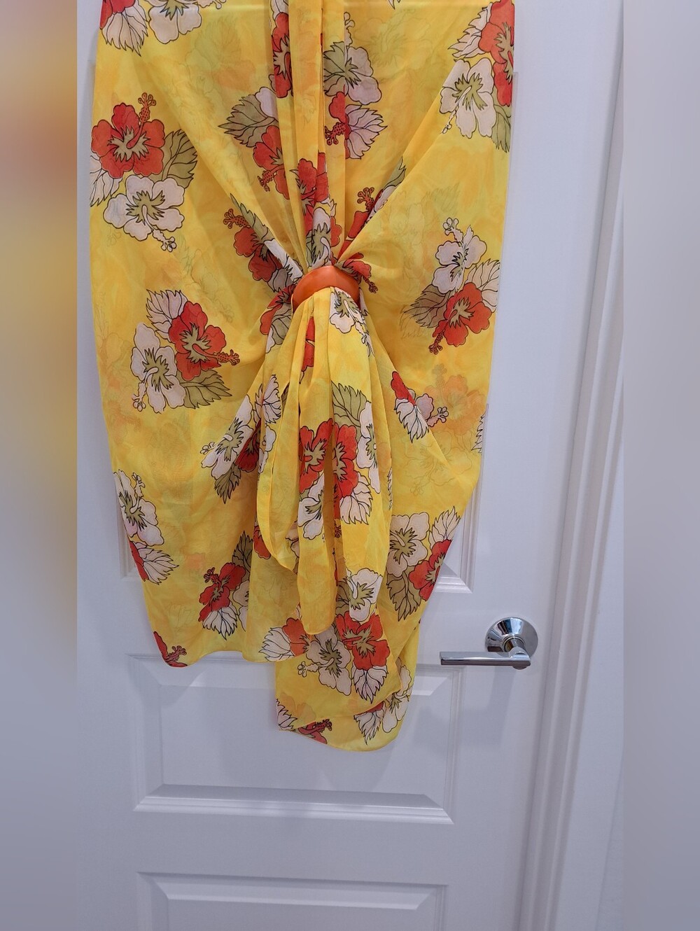 Yellow Floral Sheer Scarf,Bathing Suit Cover  with Orange & White Blooms